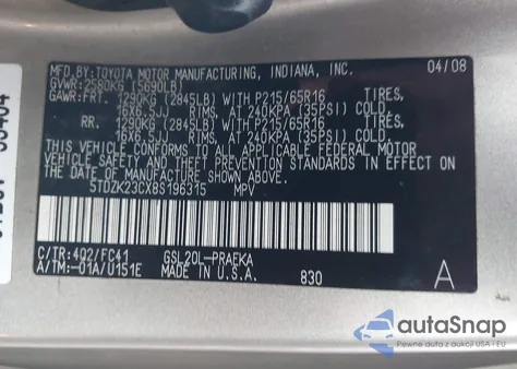 2008 Toyota Sienna Ce/Le z USA, uszkodzony, nr VIN 5TDZK23CX8S196315
